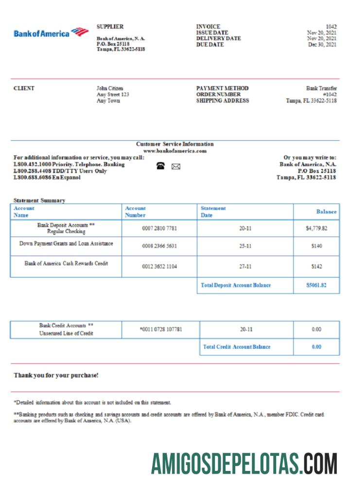 Fatura do Bank Of America dos EUA baixar para verificação